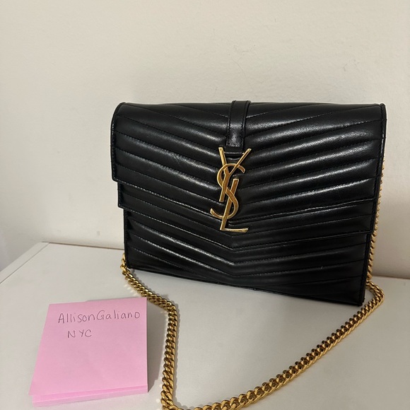 YSL Sulpice Black Quilted Double Flap Wallet on a Chain - Picture 3 of 16